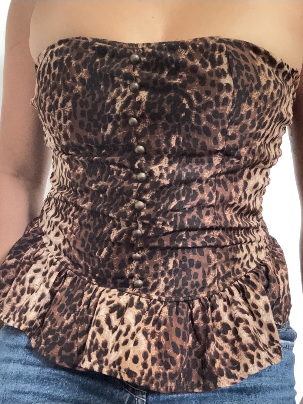 Zara Strapless Leopard Print Peplum Top - Brown